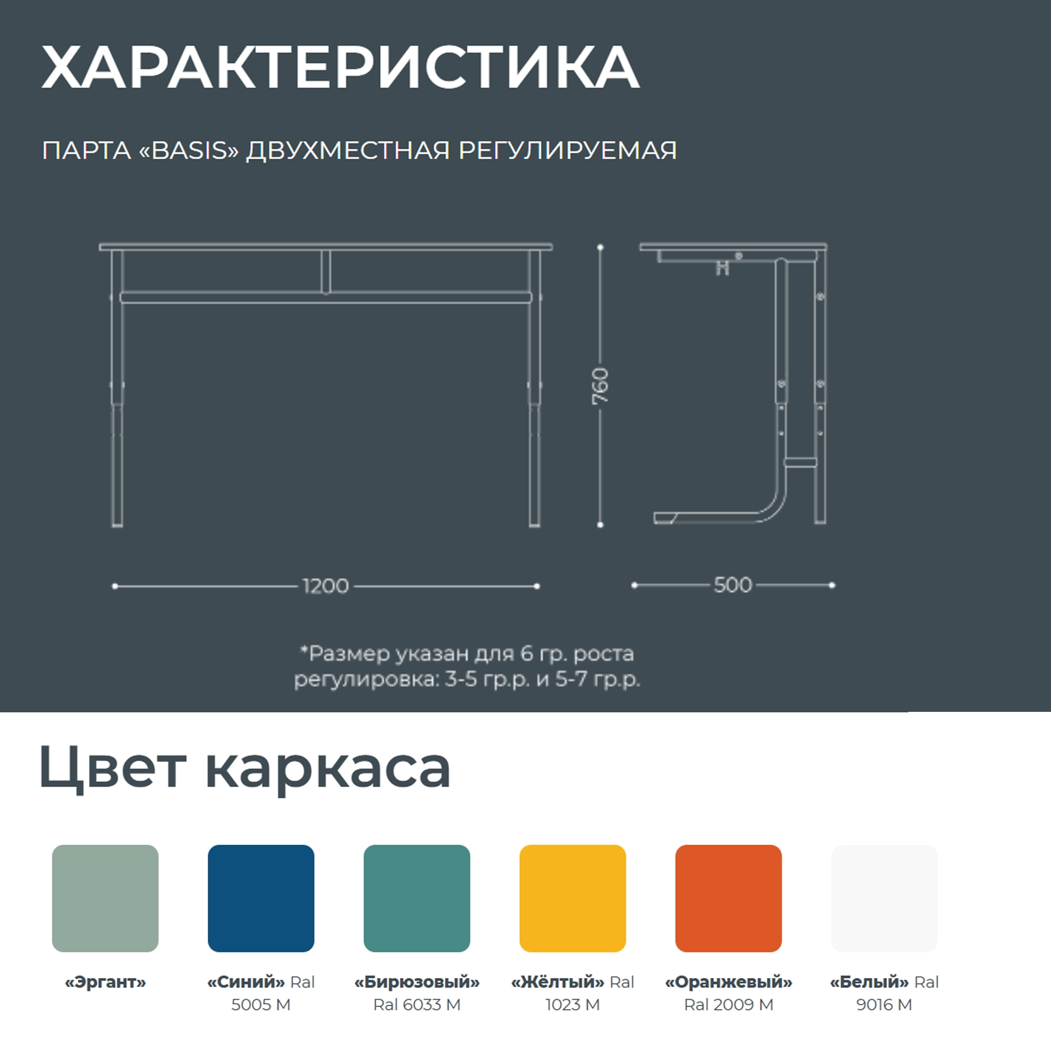 Школьная парта Basis 2-местная регулируемая (модель ПШ7/2-Р)