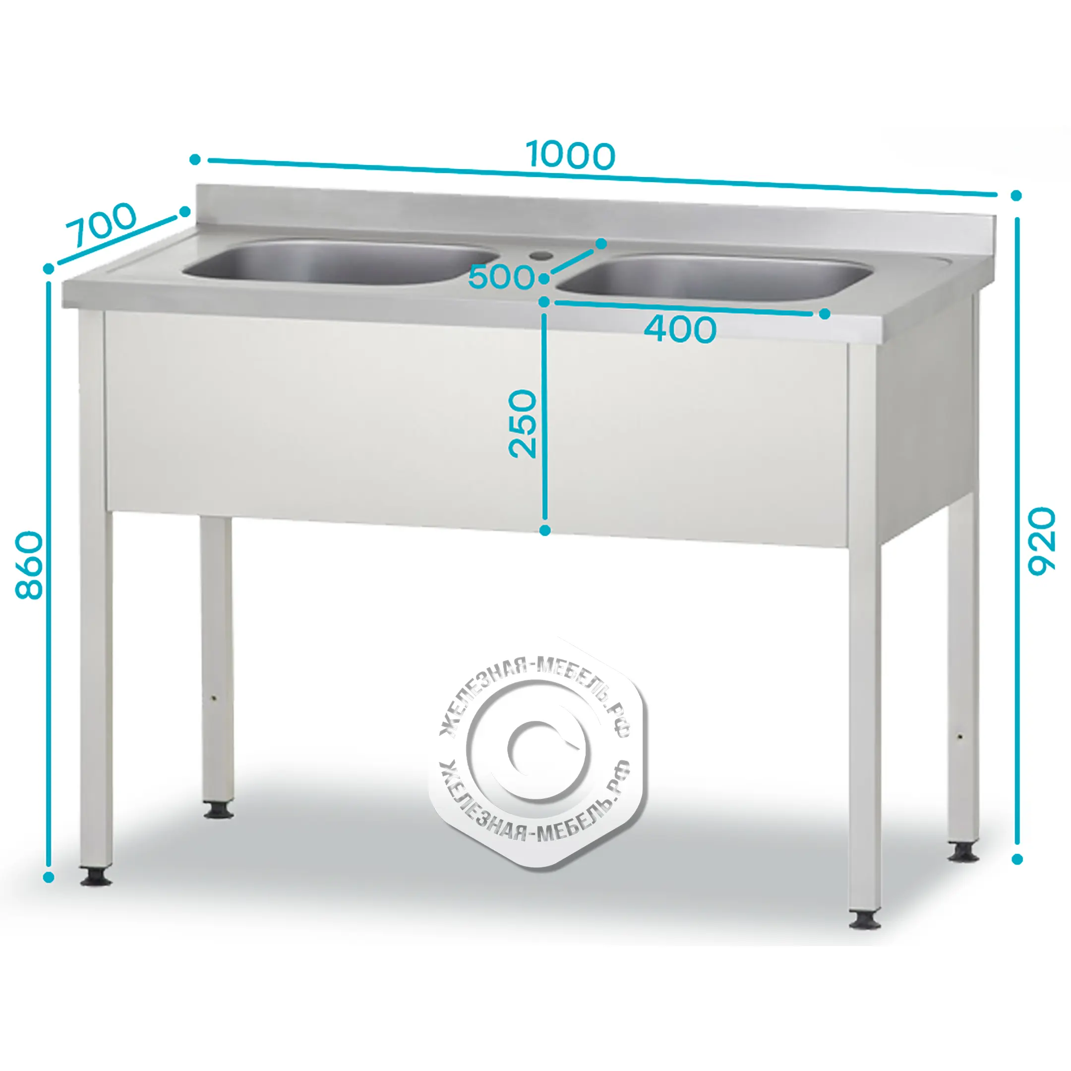 Ванна моечная ВМЦп 860х1000х700 &laquo;Profi Inox&raquo;, 2 м/о 250х400х500, борт, отв. д/смесит.