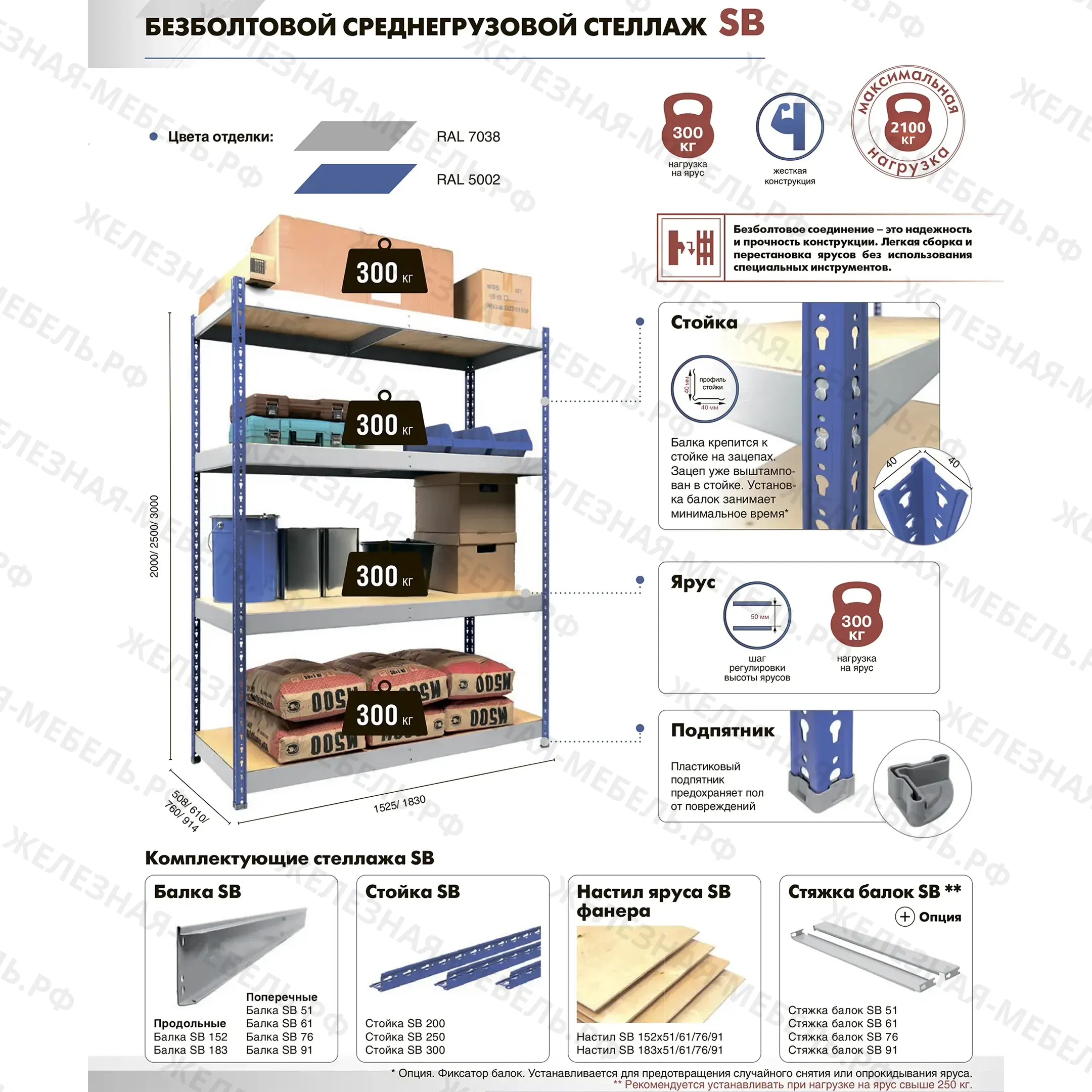 Стеллаж SB 2000х1520х760 (4 яруса с настилом из фанеры)