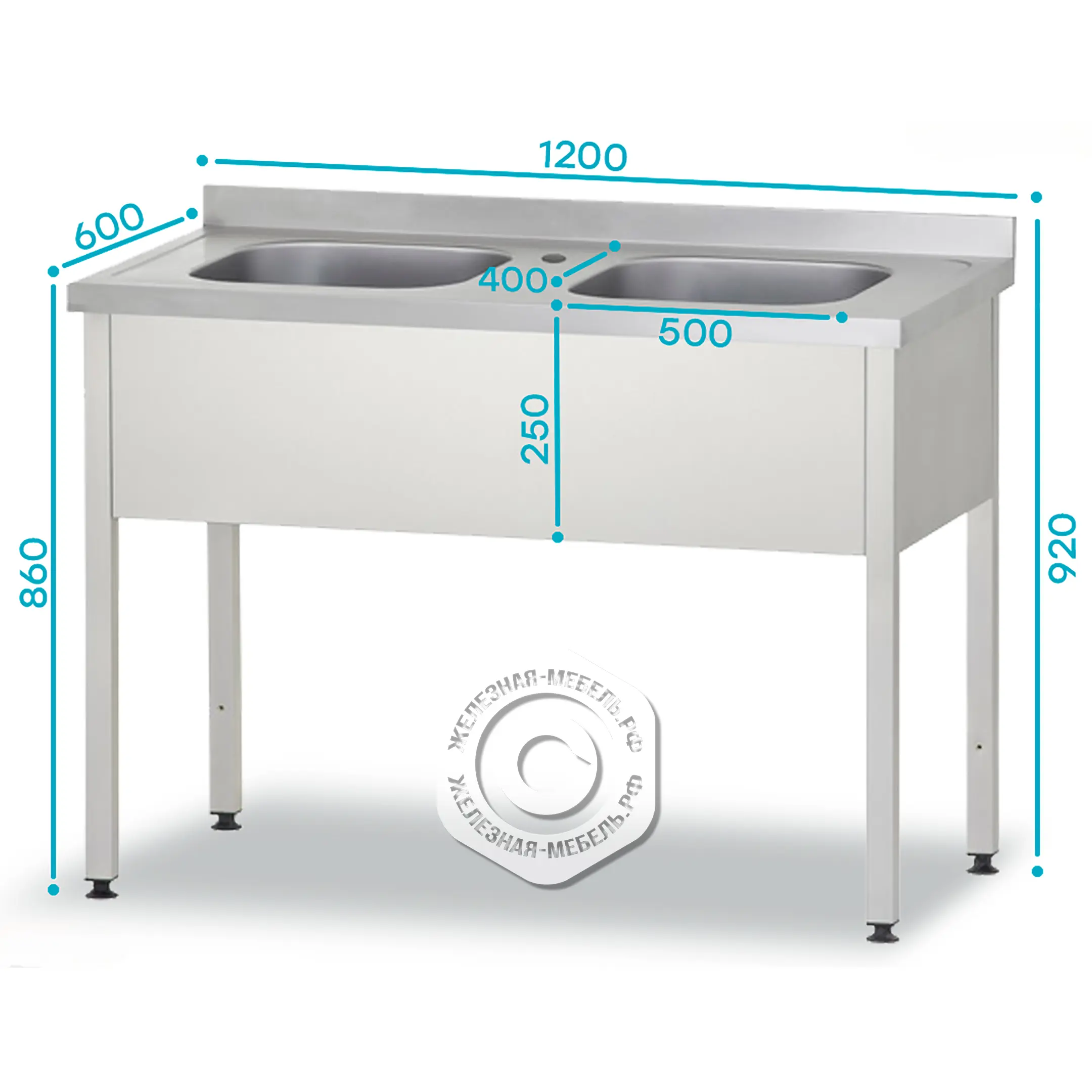 Ванна моечная ВМЦп 860х1200х600 &laquo;Profi Ral&raquo;, 2 м/о 250х500х400, борт, отв. д/смесит.