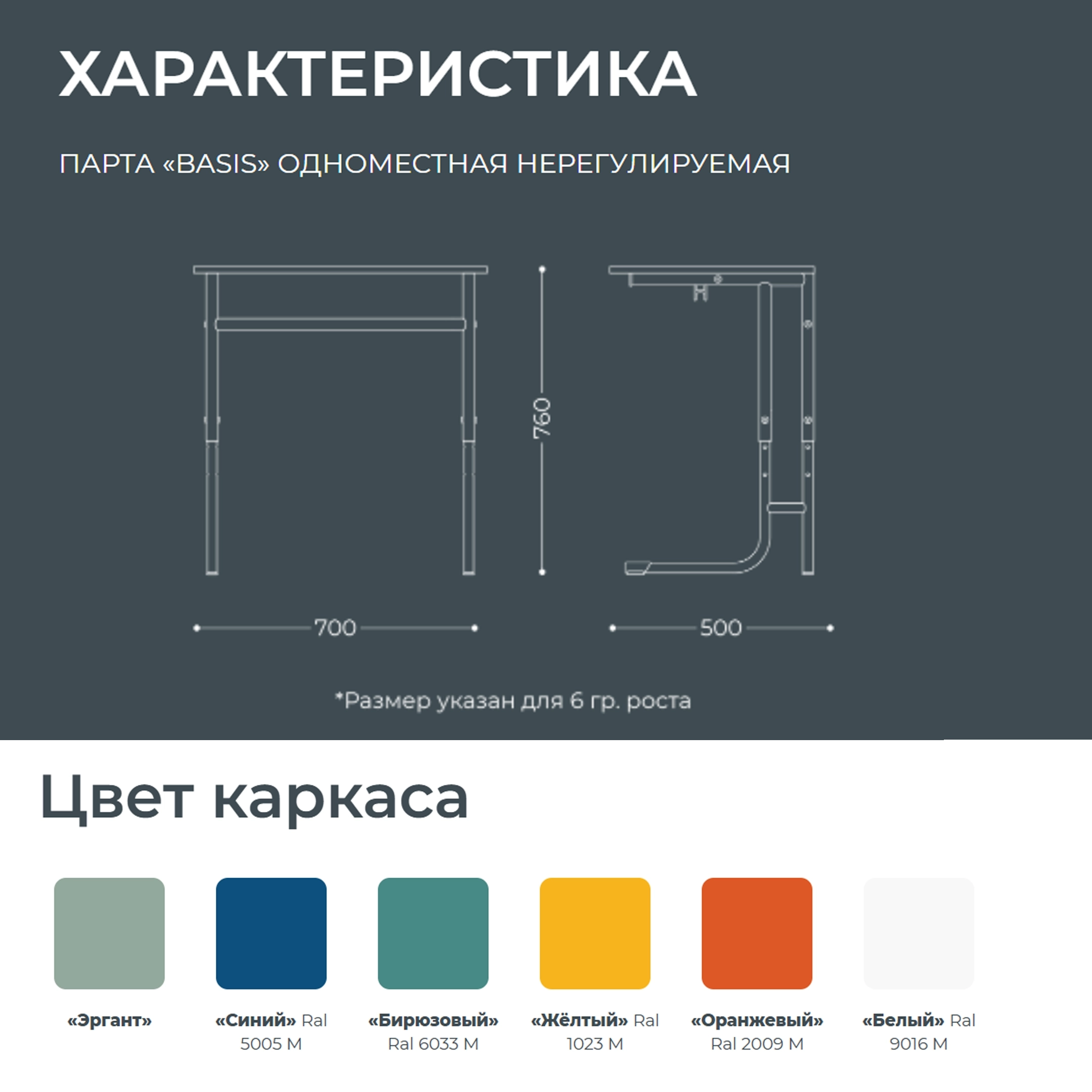 Школьная парта 1-местная Basis (модель ПШ7/1)